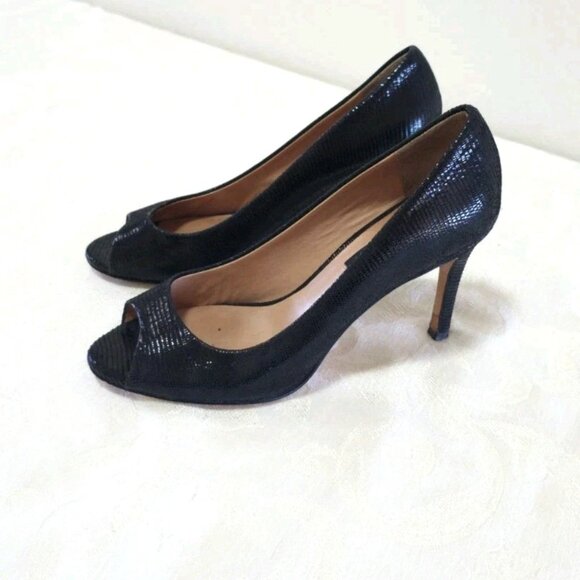 Ann Taylor Leather Peep Open Toe Pumps Heels Shoes 6 M Textured Black Slip On - Picture 2 of 9